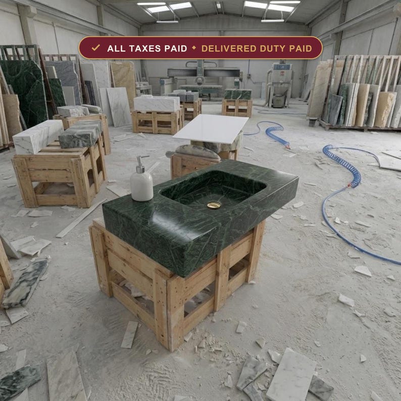 Handcarved Verde green marble wall mounted sink by Marblyart, custom made to order — photo 1 of 9