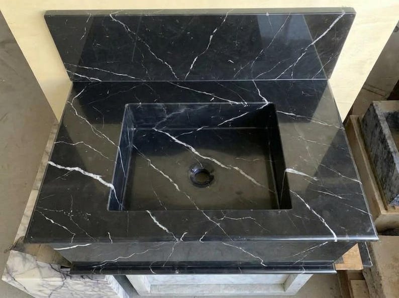 Handcarved Nero Marquina marble wall mounted sink by Marblyart, custom made to order — photo 7 of 13