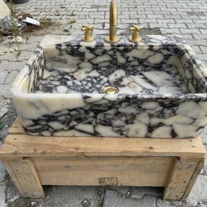 Handcarved Calacatta Viola marble vessel sink by Marblyart, custom made to order — photo 11 of 12