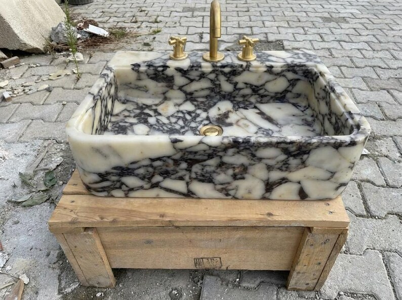 Handcarved Calacatta Viola marble vessel sink by Marblyart, custom made to order — photo 11 of 12