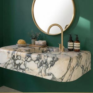 Handcrafted Calacatta Marble Floating Sink-Wall Mounted Stone Vanity-Luxury Powder Room Basin-Custom Stone Washbasin-Rounded Edges