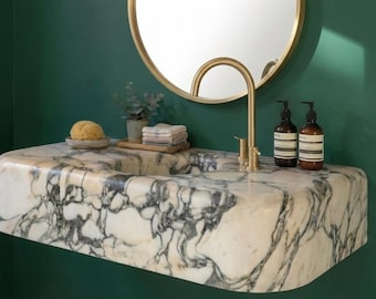 Lavabo flotante de mármol Calacatta hecho a mano - Tocador de piedra montado en la pared - Lavabo de lujo para baño - Lavabo de piedra a medida - Bordes redondeados