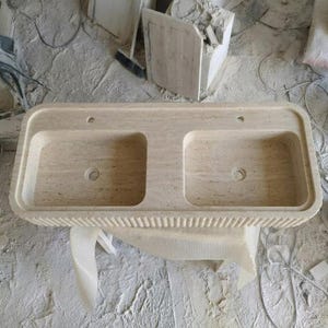 Beige Travertine fluted vessel sink — bird's eye view (photo 10)