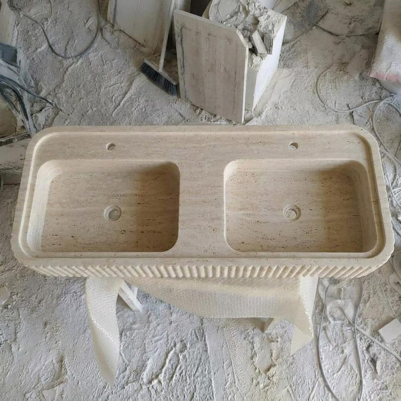 Beige Travertine fluted vessel sink — bird's eye view (photo 10)