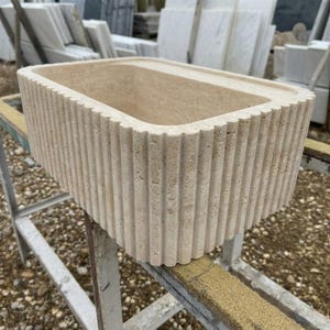 Handcarved beige travertine marble vessel sink by Marblyart, custom made to order — photo 9 of 13
