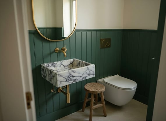 Handmade Fluted Wall-Mounted Marble Sink – Custom Size Handcarved Calacatta Viola Marble Sink – Custom Vanity Basin