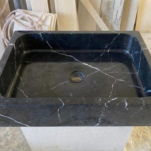 Handcarved Nero Marquina marble vessel sink by Marblyart, custom made to order — photo 10 of 13