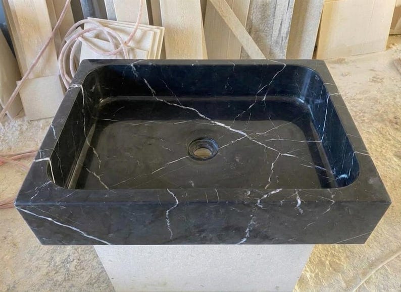 Handcarved Nero Marquina marble vessel sink by Marblyart, custom made to order — photo 10 of 13