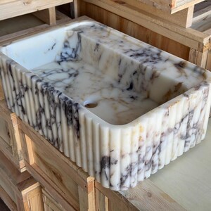 Handcarved Calacatta Viola marble fluted vessel sink by Marblyart, custom made to order — photo 6 of 11
