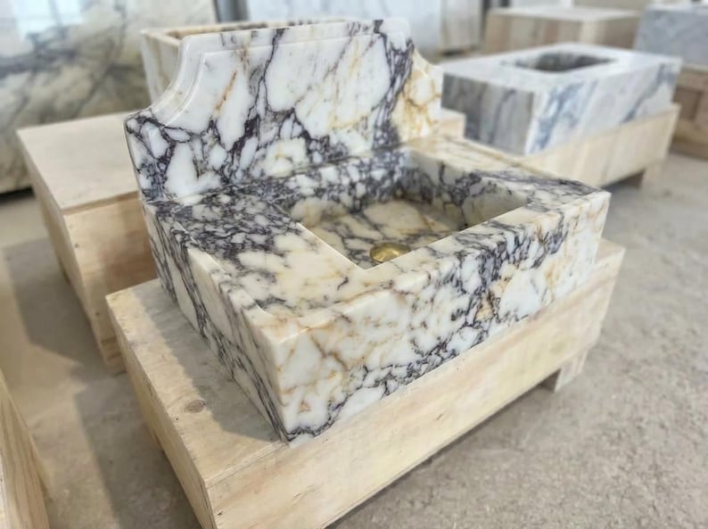 Handcarved natural marble marble floating vanity sink by Marblyart, custom made to order — photo 10 of 11