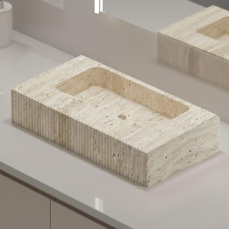 Handcarved beige travertine marble vessel sink by Marblyart, custom made to order — photo 10 of 11