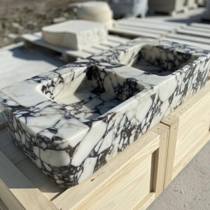 Handcarved Calacatta Viola marble double basin sink by Marblyart, custom made to order — photo 6 of 12