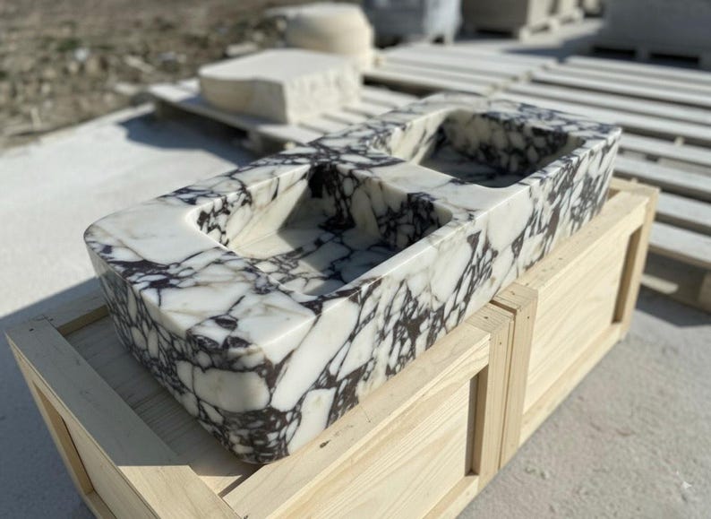 Handcarved Calacatta Viola marble double basin sink by Marblyart, custom made to order — photo 6 of 12