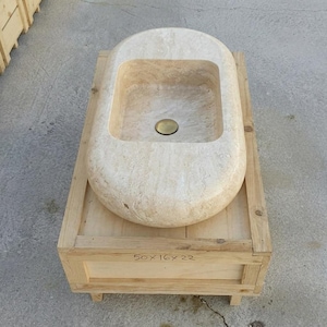 Beige Travertine fluted vessel sink — front view (photo 12)