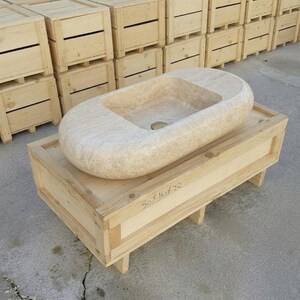 Beige Travertine fluted vessel sink — isometric three-quarter view (photo 11)