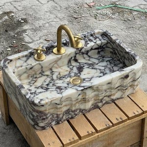Handcarved Calacatta Viola marble wall mounted sink by Marblyart, custom made to order — photo 5 of 15