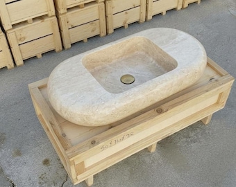 Beige Travertine Fluted Vessel Sink, Handcarved, Vanity Top Bathroom Basin