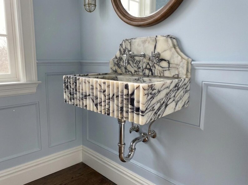 Handcarved natural marble marble floating vanity sink by Marblyart, custom made to order — photo 4 of 12