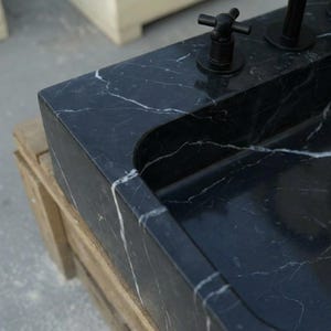 Handcarved Nero Marquina marble vessel sink by Marblyart, custom made to order — photo 2 of 17