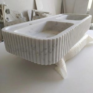 Carrara White Marble fluted vessel sink — low-angle view (photo 6)