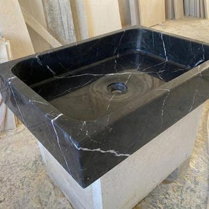 Handcarved Nero Marquina marble vessel sink by Marblyart, custom made to order — photo 5 of 13