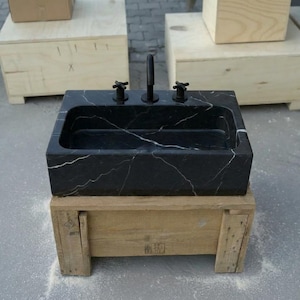 Handcarved Nero Marquina marble vessel sink by Marblyart, custom made to order — photo 7 of 17
