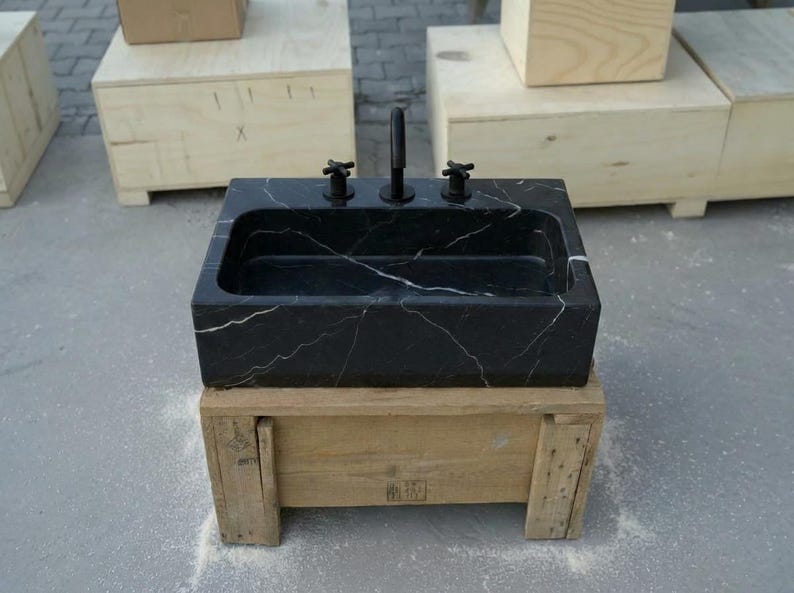 Handcarved Nero Marquina marble vessel sink by Marblyart, custom made to order — photo 7 of 17