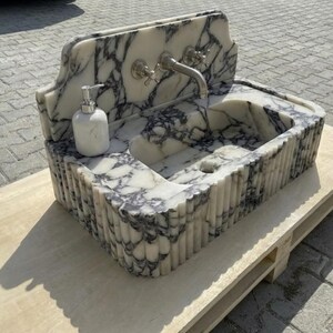 Handcarved Calacatta Viola marble vessel sink by Marblyart, custom made to order — photo 9 of 14