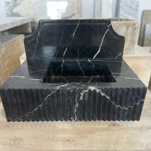 Handcarved Nero Marquina marble wall mounted sink by Marblyart, custom made to order — photo 9 of 14
