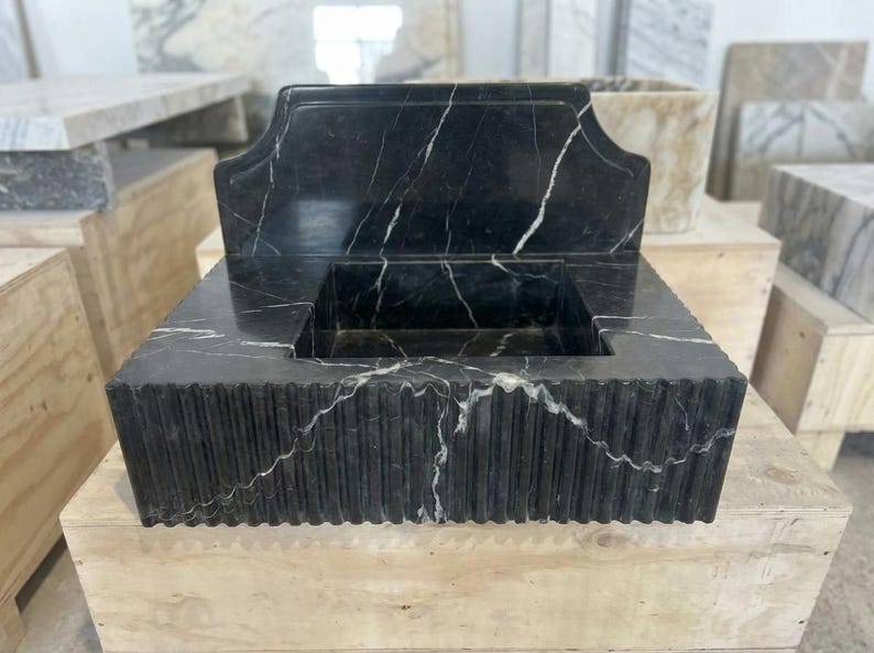 Handcarved Nero Marquina marble wall mounted sink by Marblyart, custom made to order — photo 9 of 14