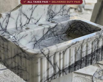 Lilac Marble Basin, Hand Carved Ribbed Apron Sink, White and Purple Vein Stone, Vintage Style High Back Sink, Bathroom Renovation