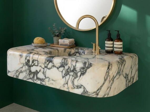 Handcrafted Calacatta Marble Floating Sink-Wall Mounted Stone Vanity-Luxury Powder Room Basin-Custom Stone Washbasin-Rounded Edges