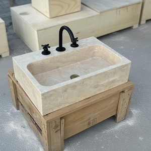 Handcarved beige travertine marble vessel sink by Marblyart, custom made to order — photo 4 of 11