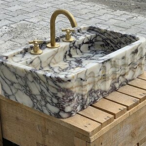 Handcarved Calacatta Viola marble wall mounted sink by Marblyart, custom made to order — photo 15 of 15