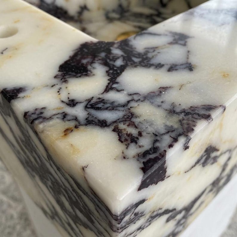 Calacatta Viola Marble square vessel sink — close-up of marble veining (photo 13)
