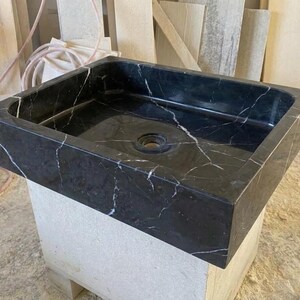 Handcarved Nero Marquina marble vessel sink by Marblyart, custom made to order — photo 8 of 13