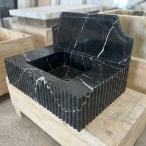 Handcarved Nero Marquina marble wall mounted sink by Marblyart, custom made to order — photo 12 of 14