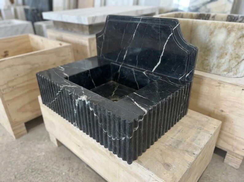 Handcarved Nero Marquina marble wall mounted sink by Marblyart, custom made to order — photo 12 of 14