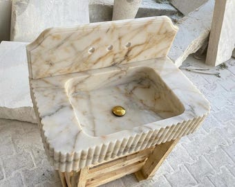 Calacatta Gold Marble Square Vessel Sink, Handcarved, Vanity Top Bathroom Basin