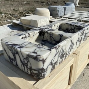 Handcarved Calacatta Viola marble double basin sink by Marblyart, custom made to order — photo 9 of 12