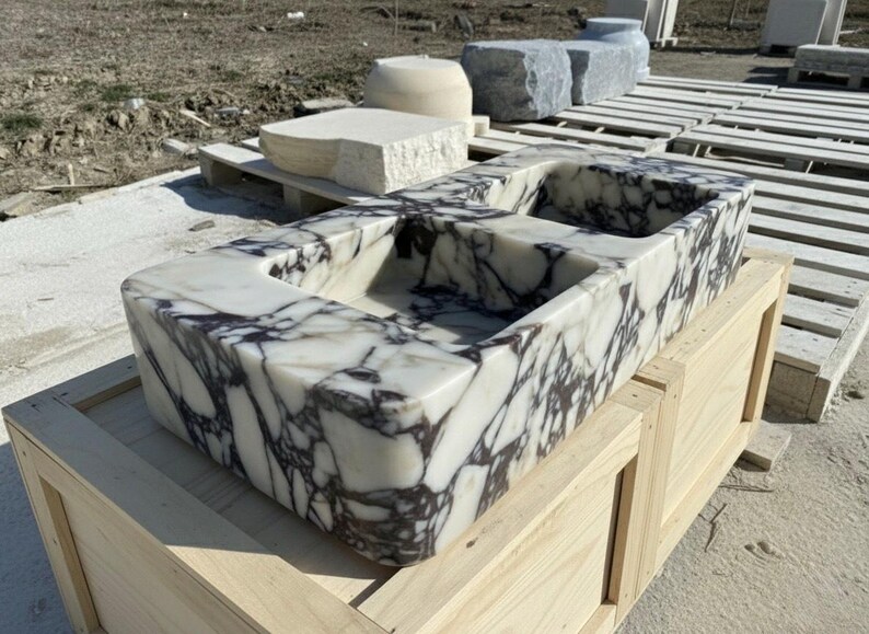 Handcarved Calacatta Viola marble double basin sink by Marblyart, custom made to order — photo 9 of 12