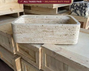 Beige Travertine Square Vessel Sink, Handcarved, Above Counter Bathroom Basin