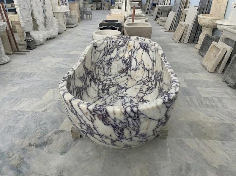 Handcarved Calacatta Viola marble freestanding bathtub by Marblyart, custom made to order — photo 6 of 13