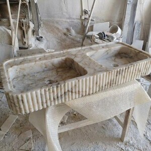 Handcarved Calacatta Gold marble double basin sink by Marblyart, custom made to order — photo 7 of 13