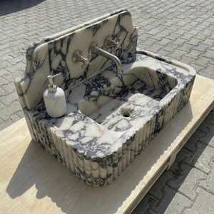 Handcarved Calacatta Viola marble vessel sink by Marblyart, custom made to order — photo 7 of 14