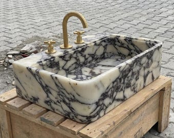 Lavabo Calacatta Viola, decoración de lujo para baño, tallado a mano, tamaños personalizados disponibles.