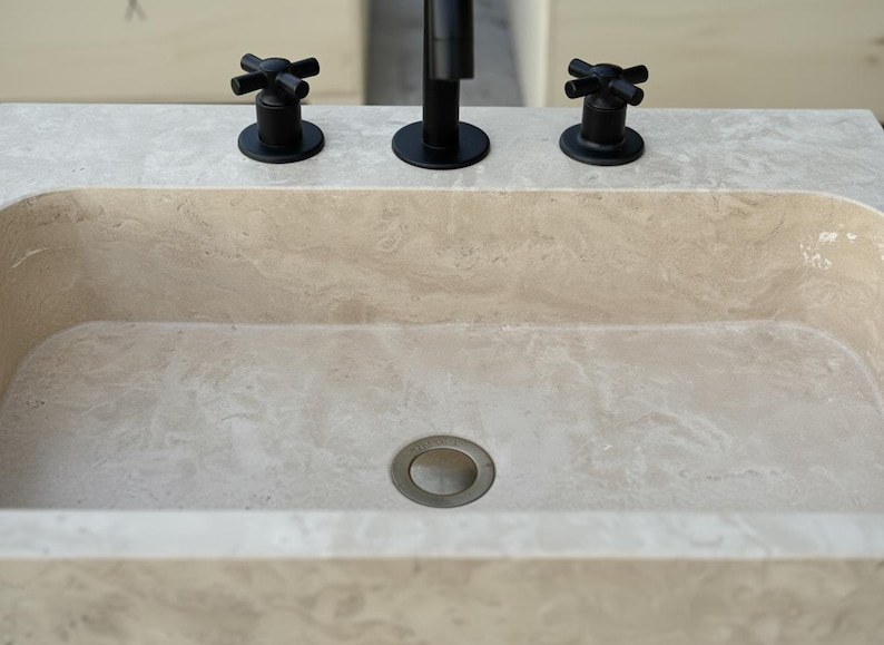 Handcarved beige travertine marble vessel sink by Marblyart, custom made to order — photo 3 of 11