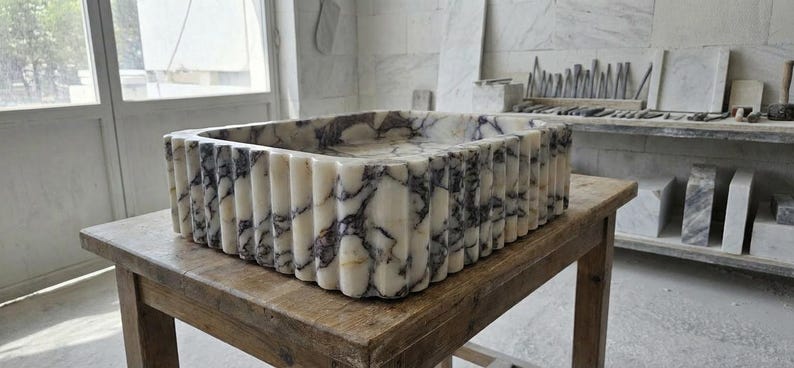 Handcarved Calacatta Viola marble vessel sink by Marblyart, custom made to order — photo 7 of 15