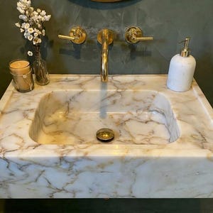 Handcarved Calacatta Gold marble vessel sink by Marblyart, custom made to order — photo 3 of 13
