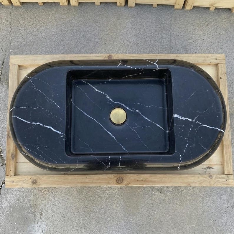 Nero Marquina Marble round vessel sink — top-down view (photo 6)